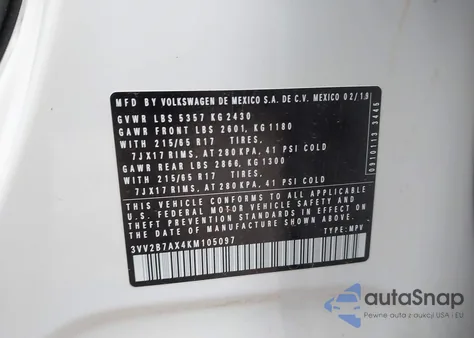 2019 Volkswagen Tiguan 2.0T Se/2.0T Sel/2.0T Sel R-Line/2.0T Sel R-Line Black z USA, uszkodzony, nr VIN 3VV2B7AX4KM105097